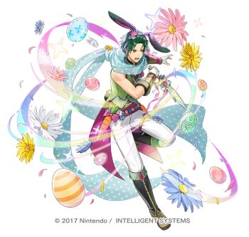 Rule 34 | 1boy, animal ears, belt, black boots, black hairband, black pants, black shirt, blue scarf, boots, carrot, commentary request, dagger, easter egg, egg, fake animal ears, fighting stance, fingerless gloves, fire emblem, fire emblem: path of radiance, fire emblem: radiant dawn, fire emblem heroes, flower, gloves, green hair, green jacket, green vest, hairband, holding, holding dagger, holding knife, holding weapon, jacket, knife, male focus, nintendo, official alternate costume, official art, open mouth, pants, rabbit ears, scarf, shirt, simple background, sleeveless, solo, sothe (fire emblem), sothe (in the breeze) (fire emblem), tsunakawa, vest, weapon, white gloves, yellow eyes