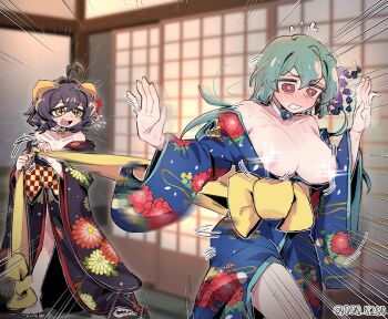 Rule 34 | 2girls, ahoge, alternate costume, an sin, black hair, black kimono, blue kimono, breasts, breasts out, censored, censored nipples, clothes pull, collarbone, fang, green hair, hair intakes, heart, heart-shaped gem, heart ahoge, highres, horns, huge ahoge, japanese clothes, kimono, magia azure, magia baiser, magical girl, mahou shoujo ni akogarete, multiple girls, red eyes, star-shaped gem, star-shaped pupils, star (symbol), symbol-shaped pupils, twitter username, watermark, yellow eyes, yuri