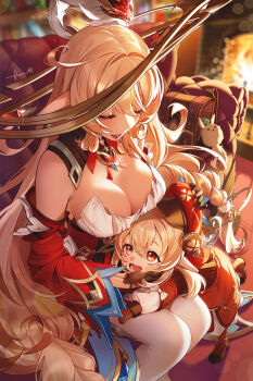 Rule 34 | 2girls, absurdres, algamja, alice (genshin impact), armpit crease, bare shoulders, blonde hair, blurry, blurry background, blush, boots, breasts, brown boots, brown gloves, cleavage, closed eyes, commentary request, couch, detached collar, detached sleeves, dodoco (genshin impact), dress, elf, genshin impact, gloves, hair between eyes, hat, highres, hug, klee (genshin impact), large breasts, long hair, long sleeves, looking at another, mother and daughter, multiple girls, open mouth, orange eyes, pantyhose, pointy ears, red dress, red hat, smile, strapless, strapless dress, very long hair, white pantyhose, wide sleeves, witch hat
