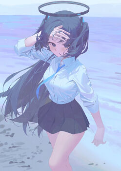 1girl absurdres adjusting_hair beach black_hair black_skirt blue_archive blue_eyes blue_necktie closed_mouth collared_shirt commentary_request halo highres lan001 long_hair looking_at_viewer mechanical_halo miniskirt necktie ocean outdoors pleated_skirt school_uniform shirt shirt_tucked_in skirt sleeves_rolled_up smile solo standing two_side_up white_shirt yuuka_(blue_archive)