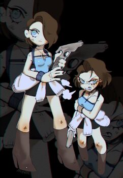 1girl artist_name black_nails black_skirt blue_eyes blue_tube_top boots brown_boots brown_hair clothes_around_waist deformed gun highres holding holding_gun holding_weapon jill_valentine miniskirt multiple_views nail_polish resident_evil resident_evil_3:_nemesis signature skirt strapless swanheelies sweater sweater_around_waist tube_top weapon