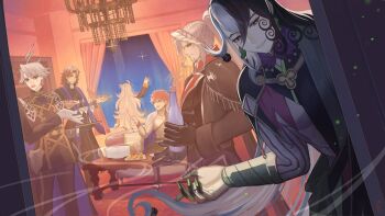 1girl 5boys ahoge alessandro_di_cagliostro_(fate) ashiya_douman_(fate) asymmetrical_hair black_eyes black_hair braid brown_hair chandelier cracked_skin cross cross_necklace curly_hair earrings emiya_shirou facial_hair fate/grand_order fate_(series) fingernails food foreign_disciples_(fate/grand_order) gloves goatee grey_hair grigori_rasputin_(fate) hair_between_eyes highres holding holding_food indoors jacket james_moriarty_(ruler)_(fate) james_moriarty_(ruler)_(second_ascension)_(fate) jewelry kotomine_kirei lightning_ahoge long_hair long_sleeves magatama magatama_earrings multicolored_hair multiple_boys necklace olga_marie_animusphere open_mouth orange_hair party priest red_eyes senji_muramasa_(fate) sharp_fingernails short_hair sitting smile split-color_hair standing two-tone_hair ushijiya very_long_fingernails very_long_hair white_hair window yellow_eyes