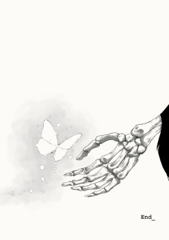 bone bug butterfly death death_(entity) glowing_butterfly good_end grim_reaper insect monochrome no_humans original skeleton snippy_mj