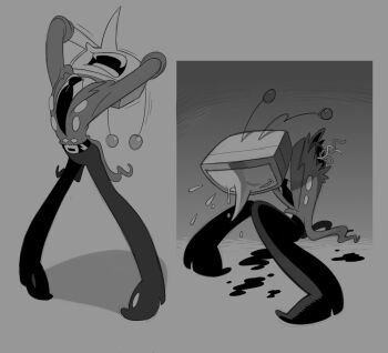 Rule 34 | 1950s (style), 1boy, amputee, ant tenna, armless amputee, black pants, blood, clothed robot, crt, deltarune, faux retro artstyle, injury, jacket, long nose, male focus, necktie, object head, pants, pointy nose, radio antenna, roachgore, robot, shirt, shoes, sweat, tailcoat, teeth, utdr (toby fox)