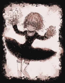 brown_theme commentary_request dress flower highres keida_riiko long_sleeves looking_at_viewer monochrome no_hands original short_hair smile solo standing thighhighs