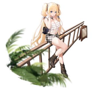 1girl amatsuki_erina amatsuki_erina_(oath) aqua_eyes bag black_bag blonde_hair breasts brown_shoes brown_socks buttons choker cleavage frilled_choker frilled_shirt frills hand_on_railing hand_up handbag highres knee_up looking_at_viewer loose_socks midriff_peek non-web_source official_alternate_costume on_railing plaid_clothes plaid_shorts poker_fate railing shirt shoes shorts sign skindentation socks solo spaghetti_strap twintails white_choker