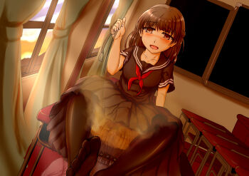 1boy 1girl artist_request bdsm blush brown_eyes brown_hair chalkboard classroom fart farting_in_face feet femdom highres humiliation leash leash_pull original pantyhose school school_uniform serafuku sitting sitting_on_face sitting_on_person skirt smell source_request sunset tagme