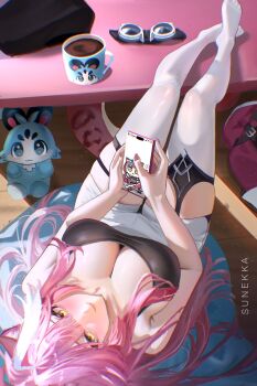 1girl :< animal_ears artist_name bare_arms bare_shoulders beret black_hat black_tank_top blush breasts cellphone chattino_(raora_panthera) cleavage closed_mouth coat commentary cup cushion english_commentary eyeshadow fingernails from_above goggles hair_intakes hat highres holding holding_phone hololive hololive_english large_breasts legs_up long_hair looking_at_viewer makeup mug multicolored_hair nail_polish panther_ears panther_girl panther_tail phone pink_coat pink_eyeshadow pink_hair pink_lips pink_nails pink_tail raora_panthera raora_panthera_(1st_costume) shorts smartphone smile streaked_hair sunekka table tail tank_top thighhighs thighs unworn_coat unworn_goggles unworn_hat unworn_headwear virtual_youtuber white_shorts white_thighhighs wooden_floor yellow_eyes