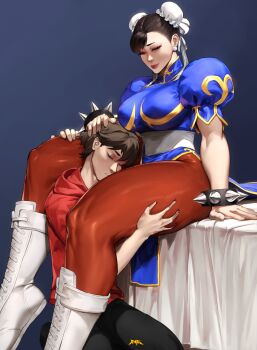 1boy 1girl absurdres bed blonde_hair boots bracelet breasts brown_eyes capcom china_dress chinese_clothes chun-li chun-li_fan commission commissioner_upload dress earrings grabbing_another&#039;s_thighs hair_buns head_between_thighs highres jewelry kiss kissing_thigh large_breasts leggings legs lipstick makeup pantyhose red_pantyhose simple_background sitting skirt smile spiked_bracelet spikes spunkyramaz squeezing street_fighter thick_thighs thigh_grab thighs white_boots