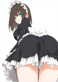1girl absurdres apron ass ass_focus back_bow black_dress black_skirt blue_eyes blush bow breasts brown_hair closed_mouth dress ear_blush female_focus frilled_dress frilled_skirt frills from_behind highres kyokucho large_breasts legs long_sleeves looking_at_viewer looking_back maid maid_headdress maid_kyouiku_botsuraku_kizoku_rurikawa_tsubaki medium_hair miniskirt official_art original rurikawa_tsubaki simple_background skirt solo solo_focus thighs thighs_focus under_skirt white_apron white_background white_bow white_headdress