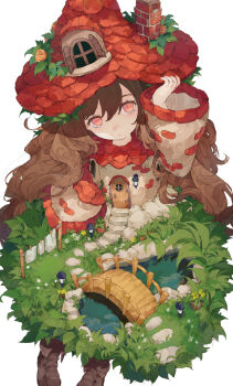 1girl arm_up boots brick bridge brown_boots brown_dress brown_flower brown_hair brown_rose chimney closed_mouth commentary_request dolphro-kun door dress flower flower_pot grass hat lamp long_hair long_sleeves original pond red_eyes red_hat rose simple_background solo stairs stone_stairs very_long_hair water white_background wide_sleeves window yellow_flower