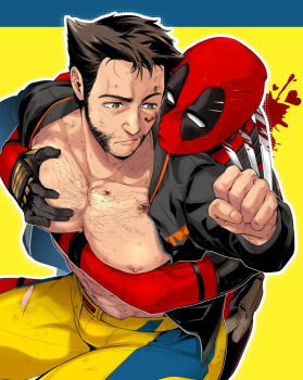 2boys abs arm_hair bara beard belt blood blush bodysuit brown_hair chest_hair claw_(weapon) clenched_hand closed_mouth commentary_request deadpool deadpool_&amp;_wolverine deadpool_(series) facial_hair gloves green_eyes jacket large_pectorals long_sleeves marvel marvel mask mature_male multiple_boys muscular muscular_male navel nipples pectoral_grab pectorals puckered_lips red_bodysuit red_mask short_hair stab sweat torn_bodysuit torn_clothes wakatobi_chakku weapon wolverine_(x-men) x-men yaoi