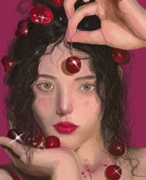 Rule 34 | 1girl, black hair, blush, cherry, closed mouth, commentary, english commentary, expressionless, food, forehead, fruit, green eyes, holding, holding food, holding fruit, lips, lipstick, looking at viewer, makeup, nose, original, painterly, pink background, portrait, rava miyagi, realistic, red lips, simple background, solo, sparkle, straight-on, wavy hair