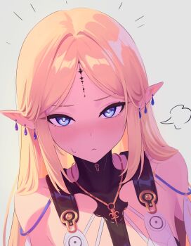 Rule 34 | 1girl, :<, absurdres, anonds31, bare shoulders, blonde hair, blue eyes, blush, breasts, cartethyia (wuthering waves), closed mouth, commentary, covered collarbone, earrings, english commentary, fleur-de-lis, grey background, highres, jewelry, long hair, looking at viewer, multiple earrings, necklace, paid reward available, parted bangs, pointy ears, portrait, puff of air, sidelocks, simple background, solo, sweatdrop, tacet mark (wuthering waves), teardrop earrings, wuthering waves