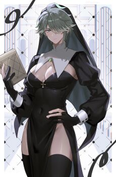 1boy abs alhaitham_(genshin_impact) alpaitham black_cape black_dress black_gloves black_sleeves black_thighhighs black_veil book breasts cape commentary dress fingerless_gloves genshin_impact gloves grey_hair hair_between_eyes hair_over_one_eye highres holding holding_book long_sleeves male_focus multicolored_hair muscular muscular_male solo streaked_hair thighhighs untranslatable_commentary veil white_hair