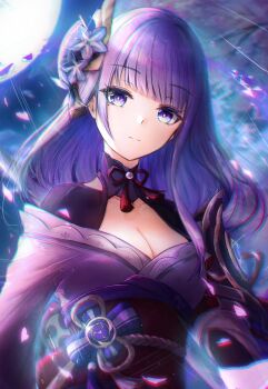 Rule 34 | 1girl, absurdres, armor, blue background, blue sky, blunt bangs, blurry, blurry background, blurry foreground, breasts, bridal gauntlets, cherry blossoms, cleavage, close-up, clothing cutout, commentary, depth of field, falling petals, fan hair ornament, full moon, genshin impact, glowing, hair ornament, head tilt, highres, japanese clothes, kimono, large breasts, long hair, mole, mole under eye, moon, moonlight, neck ribbon, night, off shoulder, outdoors, petals, pink petals, purple eyes, purple hair, purple kimono, raiden shogun, red ribbon, red sash, ribbon, sarasuty, sash, shoulder armor, shoulder cutout, sky, solo, tree, upper body