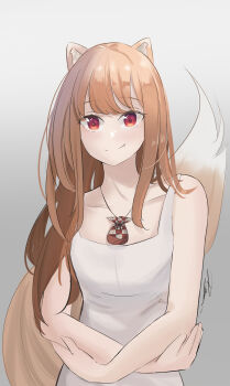 1girl absurdres animal_ears bare_arms blunt_bangs breasts brown_hair closed_mouth collarbone commentary cowboy_shot dress eyelashes fang grey_background highres holo jewelry light_blush long_hair looking_at_viewer necklace penguin_sensei_(artist) red_eyes signature simple_background sleeveless sleeveless_dress small_breasts smile solo spice_and_wolf split_mouth straight_hair tail tail_raised tsurime white_dress wolf_ears wolf_girl wolf_tail