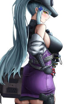 Rule 34 | 1girl, absurdres, ass, baseball cap, black gloves, black hat, breasts, cross hair ornament, from side, girls' frontline, girls' frontline 2: exilium, gloves, green eyes, grey hair, gun, hair ornament, hat, highres, hk416 (girls' frontline), holster, jacket, klukai (girls' frontline 2), large breasts, long hair, looking at viewer, multicolored jacket, off shoulder, ponytail, profile, purple jacket, solo, thigh holster, two-tone jacket, weapon, white jacket, zion rss