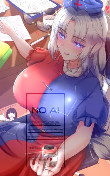 2girls ^_^ absurdres black-framed_eyewear black_hair blue_eyes blue_hat blunt_bangs blush blush_stickers breasts chair closed_eyes commentary cross cross_print dress english_commentary fingernails frilled_sleeves frills glasses grey_hair hat heart heart-shaped_pupils highres hirwannew houraisan_kaguya huge_breasts indoors long_hair looking_at_viewer multiple_girls nail_polish on_chair paper pen pill_bottle puffy_short_sleeves puffy_sleeves semi-rimless_eyewear short_sleeves sitting smile split-color_clothes symbol-shaped_pupils thumbs_up touhou two-tone_dress under-rim_eyewear unworn_eyewear very_long_hair yagokoro_eirin