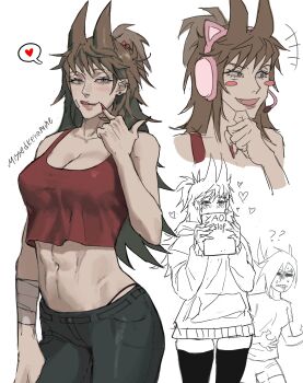 Rule 34 | 2girls, ?, ??, absurdres, animal ear headphones, animal ears, animification, artist name, bandage on cheek, bandaged arm, bandages, black pants, blush stickers, book, breasts, brown hair, cat ear headphones, cat ears, cleavage, commentary, cowboy shot, crop top, eddsworld, english commentary, fake animal ears, fang, flipped hair, fujoshi, grey eyes, hair bobbles, hair ears, hair ornament, hand up, headphones, heart, highres, holding, holding book, hood, hood down, hoodie, large breasts, licking lips, long hair, long sleeves, looking at viewer, midriff, missedkenamine, multiple girls, multiple views, navel, official alternate costume, open mouth, pants, ponytail, pornography, red nails, red tank top, short hair, short ponytail, simple background, sketch inset, smile, standing, tamara (eddsworld), tank top, thighhighs, tongue, tongue out, topknot, tori (eddsworld), very long fingernails, white background, yaoi (object)