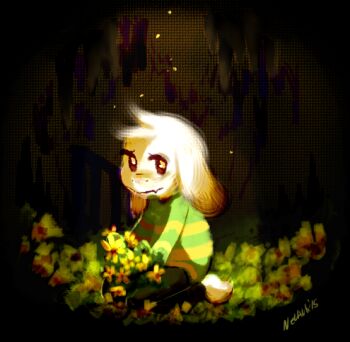1boy asriel_dreemurr barefoot black_pants cave cave_interior child crack_of_light evening facing_to_the_side flower furry furry_male goat_boy green_sweater hands_on_ground holding holding_flower kneeling lampette light_particles looking_to_the_side lowres monster monster_boy on_flower on_grass on_ground outdoors pants stalactite stalagmite striped_clothes striped_sweater sweater undertale utdr_(toby_fox) vignetting white_eyes white_fur yellow_flower