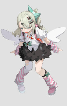 Rule 34 | 1girl, absurdres, arm warmers, backpack, bag, black skirt, collared shirt, commentary, cryani, full body, green eyes, green hair, grey background, hair ornament, highres, leg warmers, looking at viewer, necktie, open mouth, pink bag, pink shoes, red necktie, shirt, shoes, short sleeves, simple background, single thighhigh, skirt, solo, striped arm warmers, striped leg warmers, sunna (zenless zone zero), tearing up, thighhighs, torn clothes, torn thighhighs, white shirt, white thighhighs, white wings, wings, zenless zone zero