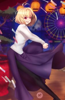 1girl :d arcueid_brunestud black_pantyhose blonde_hair blush carnival ferris_wheel happy high_heels highres jewelry looking_at_viewer necklace night night_sky obakawaii open_mouth pantyhose purple_skirt red_arcueid red_eyes roller_coaster short_hair side_slit skirt sky smile tsukihime tsukihime_(remake) vampire