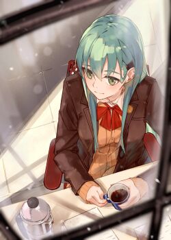 1girl absurdres aqua_hair blazer breasts brown_jacket chair closed_mouth coffee coffee_pot cup from_above green_eyes hair_between_eyes hair_ornament hairclip highres jacket kantai_collection kumanoko long_hair long_sleeves red_neckwear sitting solo steam suzuya_(kancolle) sweater_vest window
