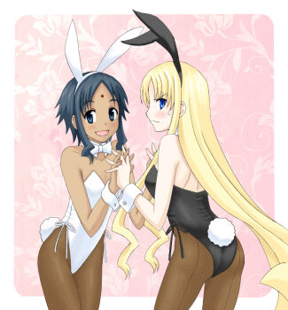 2girls angry animal_ears ass back bad_id bad_pixiv_id bare_shoulders bindi black_eyes black_hair blonde_hair blue_eyes blush bow bowtie breasts dark-skinned_female dark_skin detached_collar embarrassed facial_mark fake_animal_ears fishnet_pantyhose fishnets flat_chest floral_background flower_flower forehead_mark happy holding_hands interlocked_fingers leaf long_hair looking_at_viewer looking_back ma_tsukasa multiple_girls nina_(flower_flower) open_mouth pantyhose pink_background playboy_bunny rabbit_ears rabbit_tail short_hair shuurei_(flower_flower) shy smile sweat tail very_long_hair wrist_cuffs yuri