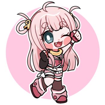 &gt;_o 1girl :3 ahoge arm_up asymmetrical_gloves asymmetrical_legwear belt blue_eyes blush_stickers chibi chibi_only cocorobo commentary_request cropped_vest fang fingerless_gloves full_body gloves hair_ornament hair_rings long_hair looking_at_viewer midriff navel one_eye_closed open_mouth pink_hair scarf sharp_corporation shorts single_sock single_thighhigh smile socks solo thick_eyebrows thigh_strap thighhighs togase_ameko two_side_up uneven_gloves uneven_legwear vest vocaloid