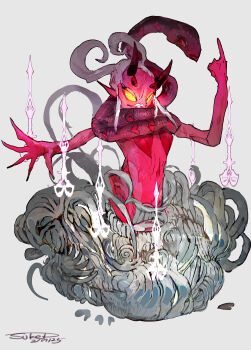 1girl absurdres cloud colored_sclera colored_skin dagger enamorus fingernails floating floating_object floating_weapon full_body glowing hands_up heart heart-shaped_hair highres horns index_finger_raised knife needle nintendo outstretched_hand pink_horns pink_skin pointy_ears pokemon pokemon_(creature) pokemon_focus sharp_fingernails solo sukepmonster tail_around_neck weapon white_eyes white_hair white_lips yellow_sclera