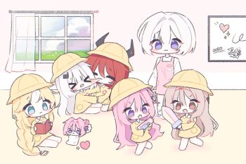 6+girls :3 aged_down alternate_costume apron biting blonde_hair blue_eyes blush bow breasts brown_hair child closed_eyes closed_mouth commentary_request creature deformed doro_(nikke) dorothy_(nikke) double-parted_bangs goddess_(nikke) goddess_of_victory:_nikke gyulnyan_519 hair_between_eyes hair_bow hair_bun hat heart holding holding_sword holding_water_gun holding_weapon horns horns_through_headwear indoors kindergarten kindergarten_uniform korean_commentary liliweiss_(nikke) long_hair long_sleeves looking_at_another multiple_girls open_mouth pink_apron pink_hair purple_bow purple_eyes rapunzel_(nikke) rapunzel_(pure_grace)_(nikke) red_hair red_hood_(nikke) running scarlet_(black_shadow)_(nikke) scarlet_(nikke) school_hat shirt short_hair single_hair_bun sitting smile snow_white_(innocent_days)_(nikke) snow_white_(nikke) sword toy_sword water_gun weapon white_hair white_shirt window yellow_hat yellow_shirt