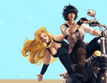 2girls black_hair blonde_hair breasts choker cleavage commentary crop_top devil_may_cry_(series) devil_may_cry_5 english_commentary gloves hejee heterochromia lady_(devil_may_cry) long_hair motor_vehicle motorcycle multiple_girls on_motorcycle pants short_hair smile trish_(devil_may_cry)