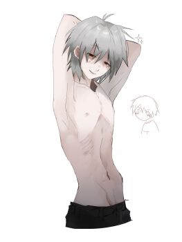 1boy antenna_hair armpits arms_up black_pants closed_mouth collarbone commentary cropped_legs english_commentary grey_hair highres hip_bones looking_at_viewer male_focus male_pubic_hair mentallykaworu nagisa_kaworu neon_genesis_evangelion nipples pale_skin pants pubic_hair pubic_hair_peek red_eyes ribs simple_background skinny solo sparkle topless_male white_background