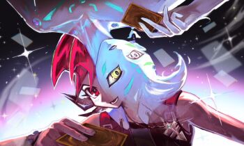 2boys akiko_141 astral_(yu-gi-oh!) bare_shoulders black_hair blue_hair blue_skin bracelet card colored_bangs colored_skin earrings facial_mark jewelry lower_teeth_only multicolored_hair multiple_boys necklace open_mouth red_eyes red_vest single_earring teeth tsukumo_yuma two-tone_hair upper_body vest yellow_eyes yu-gi-oh! yu-gi-oh!_zexal