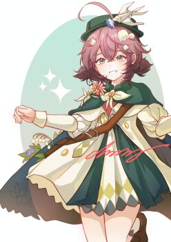 1girl absurdres ahoge bag bird_hair_ornament black_cape black_hat blue_eyes bow bowtie brown_bag brown_hair brown_shoes cape coat cowboy_shot dress flower flutterpage flutterpage_(gently_comes_the_thawing_breeze) grin hair_flower hair_ornament hat highres leg_up lily_of_the_valley loafers low_twintails mailbag official_alternate_costume origami paper_crane reverse:1999 shoes short_dress short_twintails shoulder_bag shuoyaori_xianding skirt smile solo twintails white_background white_bow white_bowtie white_coat white_dress white_flower white_skirt