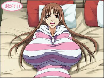 1girl animated animated_gif bed bouncing_breasts breasts breasts_out brown_eyes brown_hair closed_eyes female_focus gigantic_breasts kamisama_dolls long_hair lying navel nipples on_back open_mouth piero shiba_hibino undressing