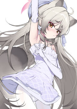 1girl animal_ears arm_up armpits blue_archive blue_dress blue_gloves blush cat_ears character_request closed_mouth commentary cowboy_shot dress elbow_gloves embarrassed gloves grey_hair highres long_hair looking_at_viewer metaljelly michiru_(blue_archive) michiru_(dress)_(blue_archive) panties panties_under_pantyhose pantyhose pantyshot presenting_armpit raised_inner_eyebrows short_dress short_eyebrows simple_background sleeveless sleeveless_dress solo spaghetti_strap symbol-only_commentary underwear very_long_hair white_background white_panties white_pantyhose yellow_eyes