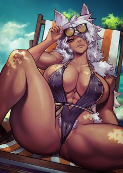 1girl abs animal_ears ass black_one-piece_swimsuit blue_sky breasts camel cameltoe cleavage cloud commentary commission covered_erect_nipples dark-skinned_female dark_skin english_commentary eyelashes fang fang_out female_pubic_hair hair_ornament hair_over_one_eye highres large_breasts long_hair looking_at_viewer navel nextoad one-piece_swimsuit original outdoors pubic_hair pubic_hair_peek red_eyes sitting sky slingshot_swimsuit smile solo spread_legs sunglasses swimsuit white_hair