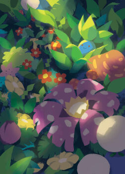 animal_focus bellossom camouflage_(behavior) chikorita commentary english_commentary flower gen_1_pokemon gen_2_pokemon gen_4_pokemon highres hoppip ivysaur jumpluff leaf legendary_pokemon mushroom mythical_pokemon nintendo no_humans oddish paras parasect pink_flower plant pokemon pokemon_(creature) red_eyes red_flower shaymin shaymin_(land) skiploom sunkern venusaur witbik