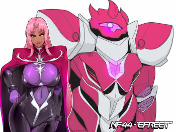 1girl 1other action_taimanin armor black_bodysuit bodysuit breasts cape character_name collared_cape commentary cowboy_shot crossover dark-skinned_female dark_skin efreet_(mobile_suit) english_commentary facing_viewer glowing glowing_eyes gundam hair_intakes hand_on_own_hip high_collar highres huge_breasts ingrid_(taimanin_murasaki) lipstick long_hair looking_at_viewer makeup mecha mecha_pilot_suit mobile_suit mole mole_under_mouth multicolored_bodysuit nofuture one-eyed outline pink_hair purple_bodysuit purple_eyes purple_light purple_lips red_armor red_cape robot science_fiction shoulder_armor silver_trim simple_background taimanin_(series) taimanin_murasaki thick_eyebrows white_background white_outline yellow_eyes zeon