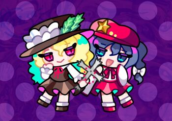 2girls :d blonde_hair blue_eyes blue_hair brown_hat brown_skirt brown_vest chibi commentary_request cross detached_sleeves dolls_in_pseudo_paradise fedora flat_cap full_body hat hat_ornament holding holding_cross jacket_girl_(dipp) label_girl_(dipp) long_sleeves multiple_girls newsboy_cap open_mouth polka_dot polka_dot_background purple_background red_eyes red_hat red_ribbon red_shoes red_skirt ribbon shirt shoes side_ponytail skirt smile socks standing star_(symbol) star_hat_ornament stella_de_lux touhou vest white_shirt white_sleeves white_socks wide_sleeves