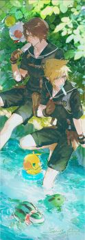 2boys alternate_costume barefoot bird black_pants black_sailor_collar blindfold blonde_hair blue_eyes blush_stickers brown_gloves brown_hair character_name chest_strap chibi chocobo clothes_pull cloud_strife cloud_strife_(cosplay) cloud_strife_(maritime_sailor) cosplay creature day eating elbow_pads final_fantasy final_fantasy_vii final_fantasy_vii_ever_crisis final_fantasy_viii fingerless_gloves flying foliage food fruit full_body furrowed_brow gloves grass half-closed_eyes hand_up highres holding holding_food holding_popsicle hot innertube leaf leg_up light_blush lily_(shio1006) looking_to_the_side male_focus moogle multiple_boys official_alternate_costume outdoors pants popsicle river riverbank sabotender sailor_collar short_hair short_sleeves single_elbow_pad sparkle spiked_hair squall_leonhart summer sunlight suspenders sweat swim_ring swimming tonberry tongue tongue_out translation_request twitter_username wading water watermark watermark_grid watermelon watermelon_tonberry yellow_bird