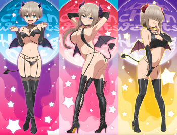 3girls armpits arms_behind_head artist_request ass black_gloves blue_eyes boots breasts cleavage cleavage_cutout clothing_cutout cosplay costume demon_girl demon_horns demon_tail demon_wings elbow_gloves garter_belt garter_straps gloves grey_hair hair_over_eyes high_heel_boots high_heels highres horns huge_breasts long_hair mother_and_daughter multiple_girls navel official_art short_hair smile source_request tail thigh_boots tongue tongue_out uzaki-chan_wa_asobitai! uzaki_hana uzaki_tsuki uzaki_yanagi wings