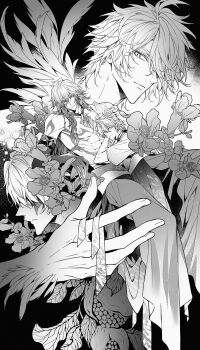 4boys abs antenna_hair black_choker black_gloves braid choker commentary cracked_skin elbow_gloves english_commentary feathers flame_reaver_of_the_deepest_dark flower gloves greyscale highres honkai:_star_rail honkai_(series) jewelry long_hair male_focus mescaline monochrome multiple_boys multiple_persona mydei_(honkai:_star_rail) necklace off_shoulder open_clothes open_shirt phainon_(honkai:_star_rail) phainon_(khaslana)_(honkai:_star_rail) shirt short_sleeves side_braid spiked_hair toned toned_male white_shirt yaoi