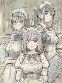 Rule 34 | 3girls, animal ears, apron, black dress, black hair, bob cut, brown hair, classroom, commentary request, dress, food, glass, highres, holding, holding sign, holding tray, long dress, long hair, looking at viewer, maid, maid apron, maid headdress, melon soda, multiple girls, omelet, omurice, original, raccoon ears, school festival, short hair, side ponytail, sign, tanukichi mingo, tray, underbust, white apron