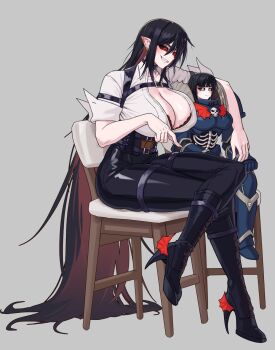 2girls adeptus_astartes arm_around_shoulder armor bat_wings black_choker black_hair black_pants black_sclera blunt_bangs boots bra bra_peek breasts chair chest_belt chest_harness choker cleavage colored_sclera ear_piercing genderswap genderswap_(mtf) harness high_heel_boots high_heels highres konrad_curze long_hair multiple_girls night_lords pants piercing podobrick pointy_ears power_armor red_eyes sharp_teeth shirt shoulder_armor sitting sleeves_rolled_up teeth thigh_strap underwear very_long_hair warhammer_40k white_eyes white_shirt wings wooden_chair