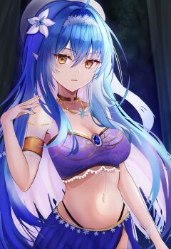 1girl ahoge armlet beret blue_hair blush breasts cleavage collarbone commentary_request dancer flower gold_armlet gold_choker hair_between_eyes hair_flower hair_intakes hair_ornament harem_outfit hat highres hololive jewelry long_hair looking_at_viewer medium_breasts nail_polish navel open_mouth pointy_ears shirt snowflake_print solo stomach strapless strapless_shirt umikotatsu very_long_hair virtual_youtuber white_flower white_hat yellow_eyes yukihana_lamy
