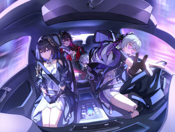 3girls ahoge black_dress black_gloves black_hair blue_hair breasts bronya_zaychik bronya_zaychik_(heart_of_the_night) bronya_zaychik_(silverwing:_n-ex) broseele car_interior chinese_commentary cleavage colored_inner_hair commentary_request dress drill_hair driving dual_persona gloves grey_hair highres honkai_(series) honkai_impact_3rd large_breasts long_hair multicolored_hair multiple_girls project_bunny red_hair seatbelt seele_vollerei short_hair smile sunglasses thighs two-tone_dress two-tone_hair very_long_hair white_dress