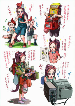 1girl 2boys :d ^_^ absurdres animal_ears appleq backpack bag bare_arms bare_shoulders black_shirt blue_footwear blue_socks blush brown_hair brown_pants brown_shorts closed_eyes collared_shirt computer computer_tower cropped_legs drawing ears_down forehead green_sweater grey_background grey_shirt hairband highres holding horse_ears horse_girl horse_tail kneehighs long_hair monitor multiple_boys multiple_views open_mouth overall_shorts overalls pants pink_hairband pink_shirt pink_shoes ponytail raglan_sleeves randoseru red_shirt ribbed_sweater sakura_bakushin_o_(umamusume) shirt shoes short_sleeves shorts sidelocks simple_background sleeveless sleeveless_shirt smile socks sweater swept_bangs tail translation_request turtleneck turtleneck_sweater umamusume v-shaped_eyebrows very_long_hair white_shirt white_socks